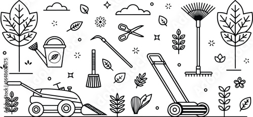 Outline Gardening Tools and Plants Illustration with Lawn Mowers Rakes and More for Spring and Summer Designs