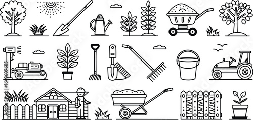 Black and white garden elements vector design illustration featuring a variety of tools plants and structures for gardening tasks