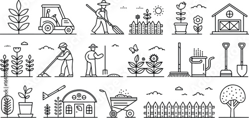 Black and White Icon Set of Gardening Activities and Tools Ideal for Agriculture Themes and Designs