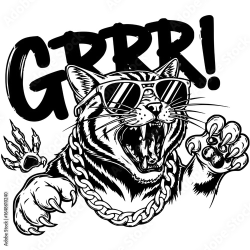 Fierce Cat with Attitude: An illustration of a cool cat sporting shades, a chain, and a ferocious growl, exuding attitude and edgy style. 
