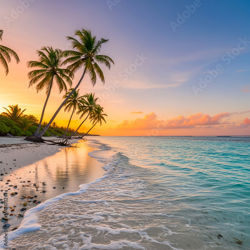 Sunset over tropical beach with palm trees and ocean view