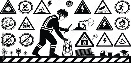 Industrial Safety Worker with Warning Signs and Hazards Presenting Occupational Risks and Environmental Danger Illustrating Different Types of Workplace Hazards