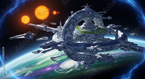 Fototapeta Naklejka Na Ścianę i Meble -  Futuristic space station orbiting a vibrant earth-like planet amidst starships and distant suns