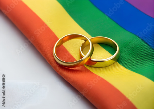 Two gold wedding rings resting on a rainbow fabric symbolizing love, unity, and celebration of same-sex relationships in a vibrant setting