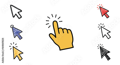 Hand Pointer and Arrow Cursor Set in Doodle Style for Web Design