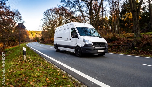 White van on a scenic road