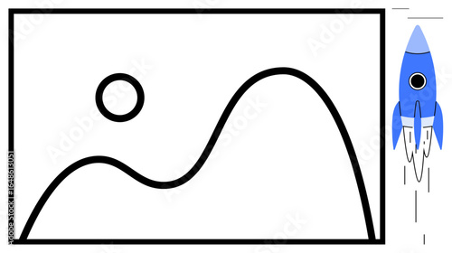 Abstract landscape with curved lines and a rising blue rocket. Ideal for innovation, creativity, technology, growth, exploration, success, vision. Modern simple flat metaphor