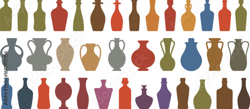 Collection of diverse antique pottery and bottle silhouettes in muted earthy tones vase amphora