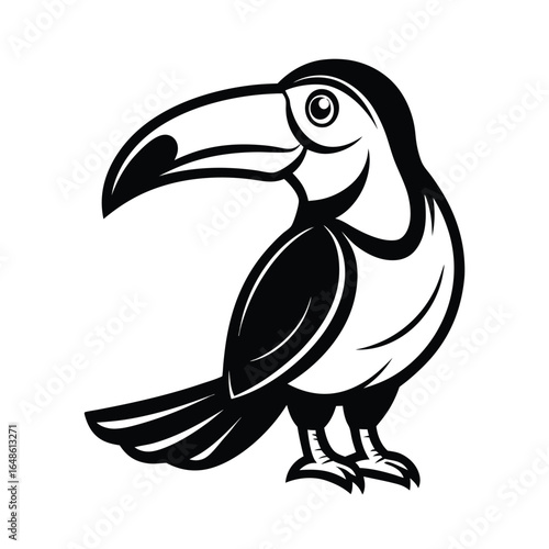 Striking line art illustration of a toucan with a large beak perched gracefully on a white background