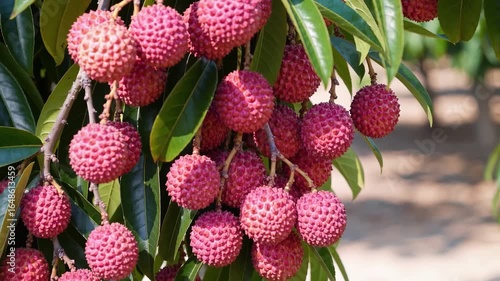 Fresh ripe lychee fruits hanging from a tree branch