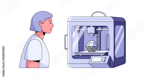 Person Watches 3D Printer Create Object in Cartoon Style on Transparent Background