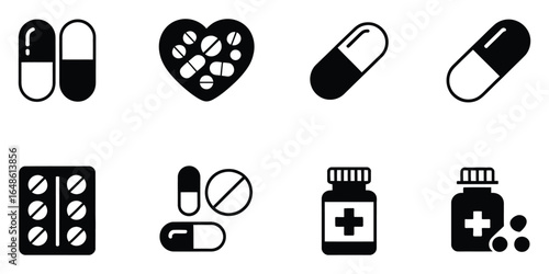 Monochromatic Medical Icons: Pills, Capsules, Tablets, and Medicine Bottles; Healthcare Graphic Set.