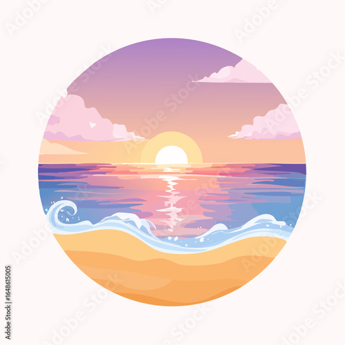 A vector illustration of a seaside sunset with a pastel glow in soft orange, pink, and light purple, featuring a watercolor texture, ideal for travel promotions.