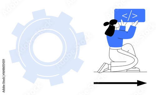Woman holding code snippet panel, kneeling beside a gear symbol and arrow indicating progress. Ideal for technology, programming, innovation, teamwork, system upgrade, software development, simple