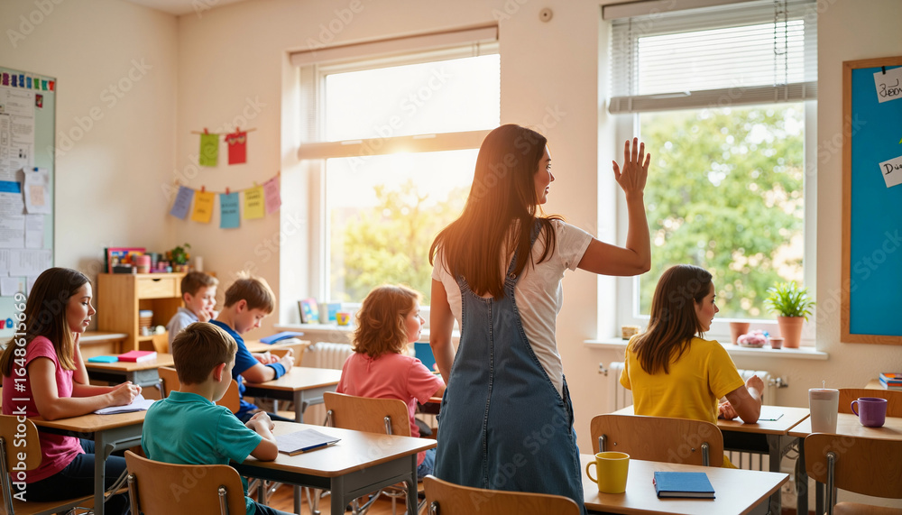 Obraz premium Teacher raising hand while addressing students in a classroom setting