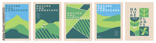 Vector geometric landscape with mountains, village houses, tower, eco farm, agricultural fields,  leaf pattern, top view, line art, suitable for poster, background or cover.