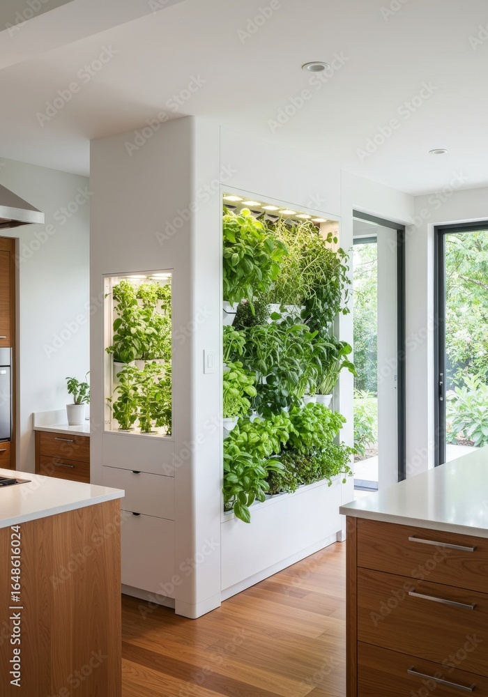 Fototapeta premium Stylish kitchen interior featuring a built-in vertical herb garden and natural light source