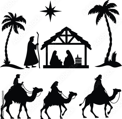 nativity scene with wise men silhouette illustration
