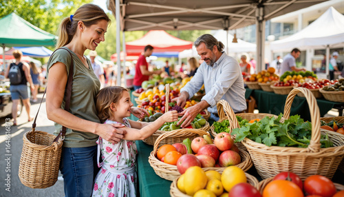 Woman and girl shopping at farmers market with fresh produce baskets  