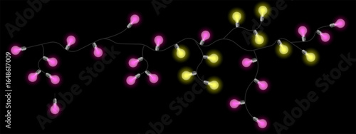 Party lights set icon. Twisted electric string with glowing bulbs in soft yellow and blue tones. Used for celebration decor, events, and cozy mood visuals.