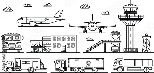 Airport Vector Illustration with Airplane Control Tower and Ground Support Vehicles Depicting Travel and Logistics