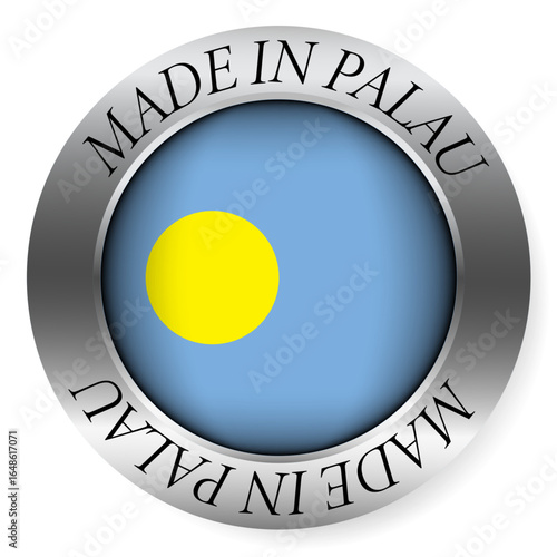 Made in Palau button icon. Circular emblem with metallic border, glossy central flag, and bilingual label indicating product origin and international manufacturing identity.