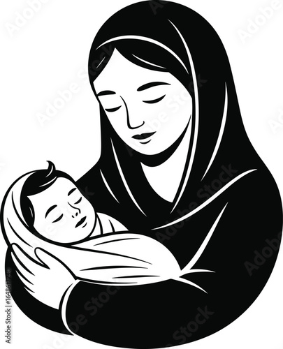 Mother holding baby, maternal love, black and white illustration, family bond, nurturing care, peaceful embrace, motherhood, emotional art, minimalist design, parenting concept.