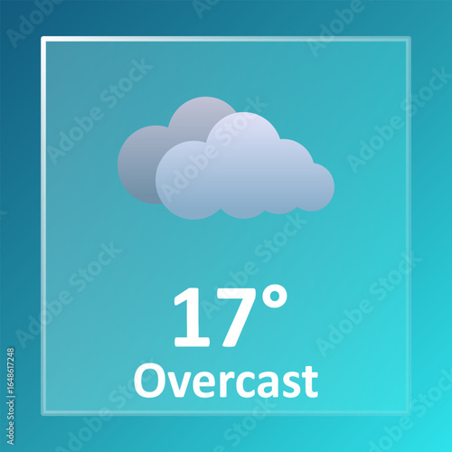 Overcast icon. Two overlapping gray clouds on blue background above temperature 17 with overcast label in white bold text below.