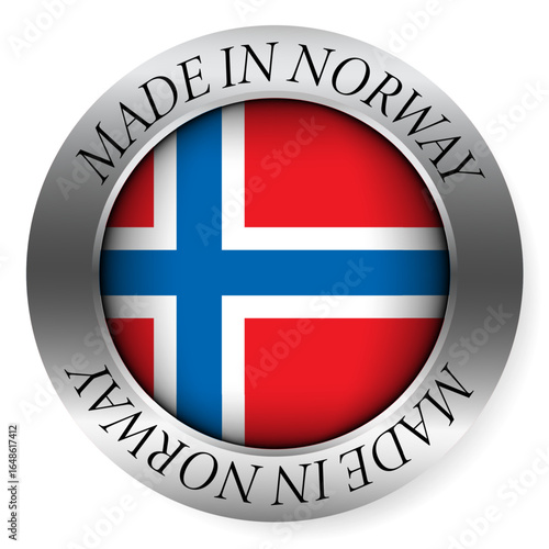 Made in Norway button icon. Circular emblem with metallic border, glossy central flag, and bilingual label indicating product origin and international manufacturing identity.