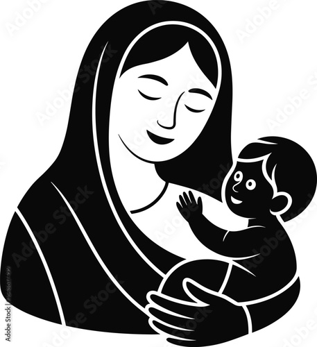 Mother and child icon, black and white illustration, maternal love, motherhood symbol, family bond, emotional connection, graphic design art.