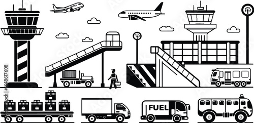 Airport Scene in Black and White with Planes Trucks and Control Towers Vector Illustration for Travel and Transportation