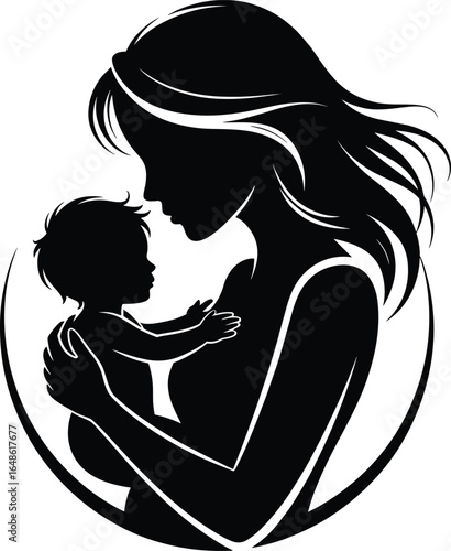 Silhouette of mother holding child, maternal love, emotional bond, nurturing care, family connection, parent-child relationship, black and white illustration.