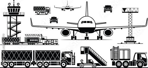 Airport Transportation Silhouettes Featuring Airplane Control Tower Trucks and Service Vehicles Representing Aviation Ground Operations