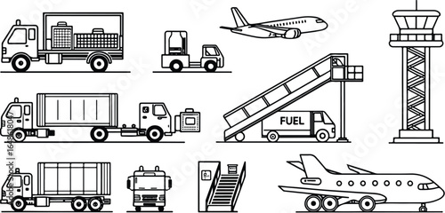 Airport vehicles and aircraft icons set for transportation logistics and air travel industry showcasing ground support equipment and air traffic control