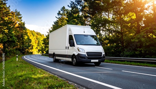 White van on winding road through autumn trees