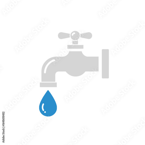 A grey water faucet with a cross handle drips a single blue drop of water on a white background.