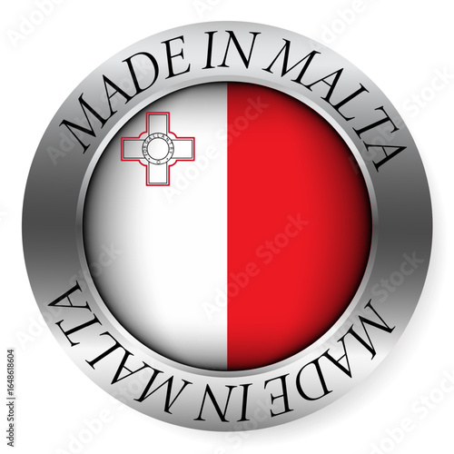 Made in Malta button icon. Circular emblem with metallic border, glossy central flag, and bilingual label indicating product origin and international manufacturing identity.
