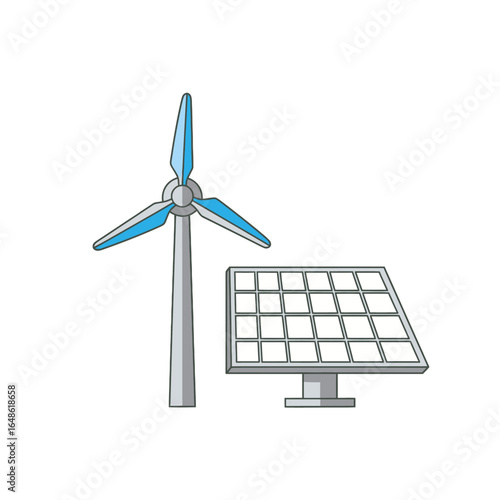 A vector illustration of a wind turbine and a solar panel, representing clean, green, and renewable energy sources.