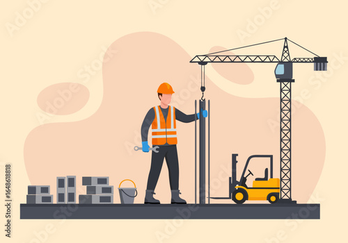 Construction worker operating crane and forklift on site with building materials and construction equipment for urban development
