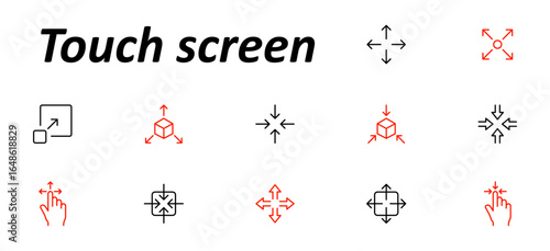 Touch screen set icon. Arrows pointing in various directions, fingers tapping or dragging, 3D boxes with expansion arrows, movement controls shown in outline style with motion marks.