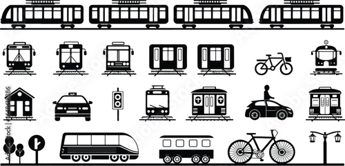 Silhouetted Public Transportation Icons Featuring Trains Trams Buses Bicycles and Cars Promoting Sustainable City Living