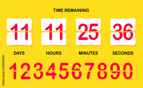 Countdown timer icon. Flip-style numeric display showing days, hours, minutes, seconds with brown background, bold split numbers, and a clear time-remaining header in white text.
