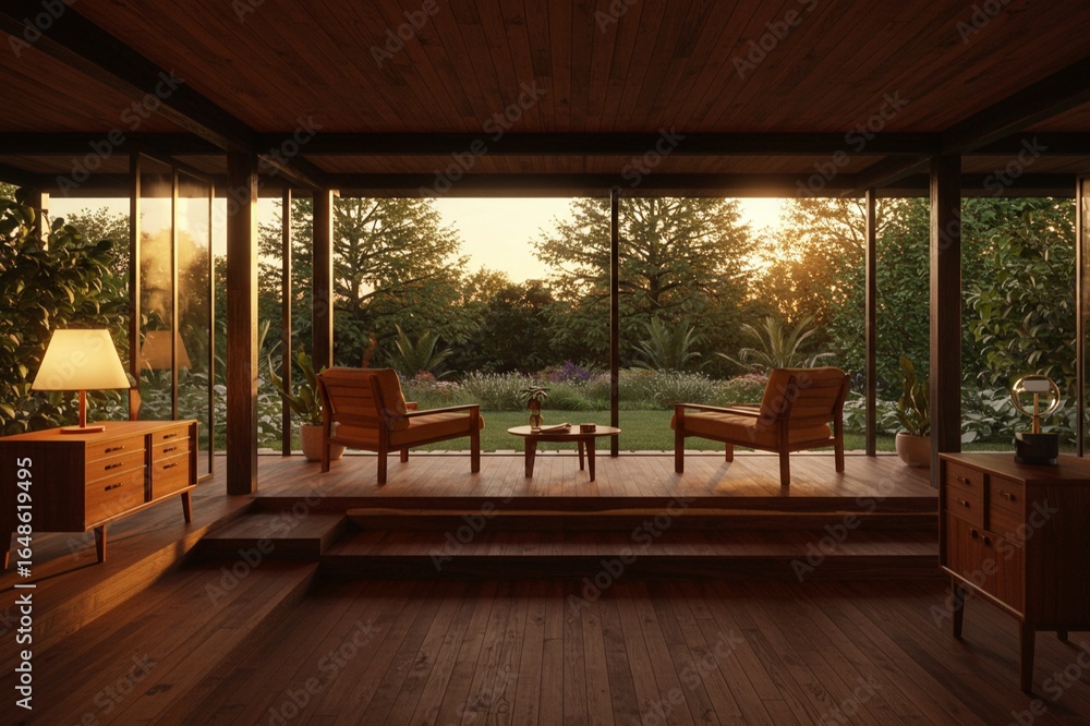 Fototapeta premium Elegant Glass House Interior Design with Sunset Nature Landscape