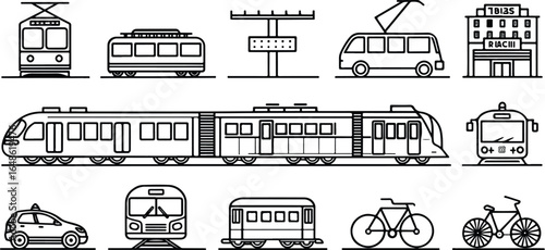 Public Transportation Icons Vector Set Featuring Trains Buses Trams Bicycles and City Buildings Line Art Black and White