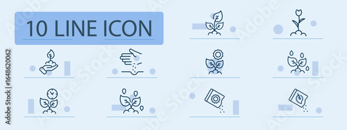 Growth and planting set icon. Leaves, soil, hand, sprout, seed, water, sun, packets, droplets, clock icon used in gardening, farming, agriculture, cultivation visuals
