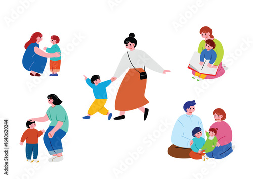 子供と接する女性のイラストセット
