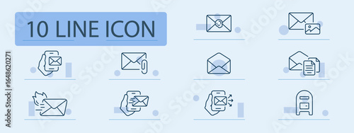 Email communication set icon. Includes envelopes, attachments, multimedia, flames, hands, messages, smartphones, and mailbox visuals conveying digital messaging, sending, receiving, and storage.