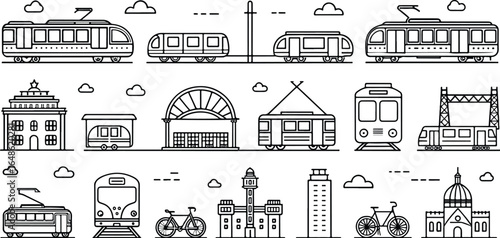 Cityscape Illustration with Trains Buildings and Bicycles Black and White Seamless Pattern Vector Design Background Urban Transport and Architectural Elements