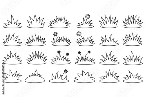 Nature and Gardening Icon Set: Grass, Flowers, and Outdoor Elements in Black and White