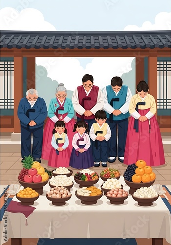 Celebrating Seollal: A vibrant depiction of a Korean family in traditional attire honoring ancestors